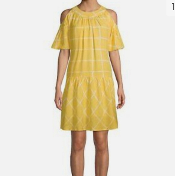 Moon River Yellow & White Western Cold Shoulder Boho Dress Size M - Picture 1 of 7